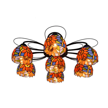 Tiffany Stained Glass Bowl Ceiling Light Fixture - Red/Orange/Green Semi Flush Mount 3/7/9 Heads 7 /