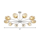 Modern 10-Bulb Silver Cup Pendant Chandelier With Amber Glass Shade