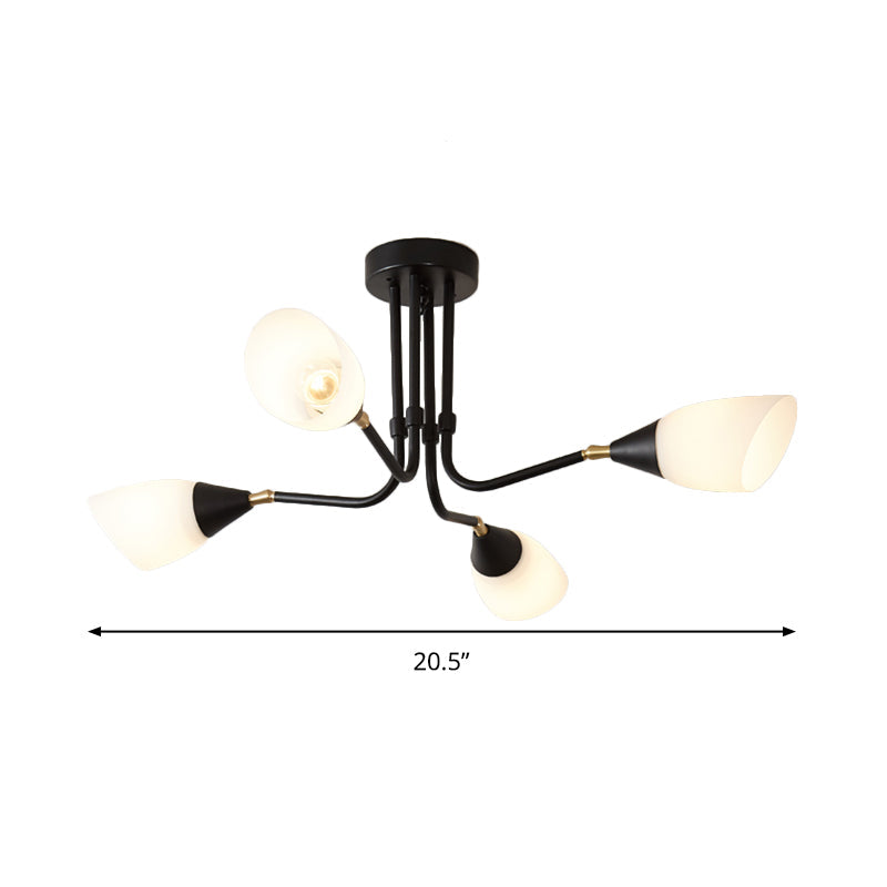 Modern 4/6/8 Bulbs Ceiling Chandelier - Black Flared Pendant Light With Milky Glass Shade