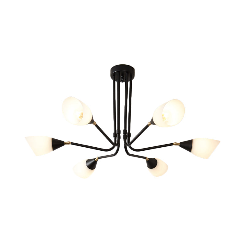 Modern 4/6/8 Bulbs Ceiling Chandelier - Black Flared Pendant Light With Milky Glass Shade