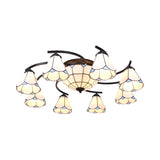 Dome/Conical Semi Flush Mount Mediterranean Ceiling Lamp - 11 Lights White/Blue Glass Ideal For