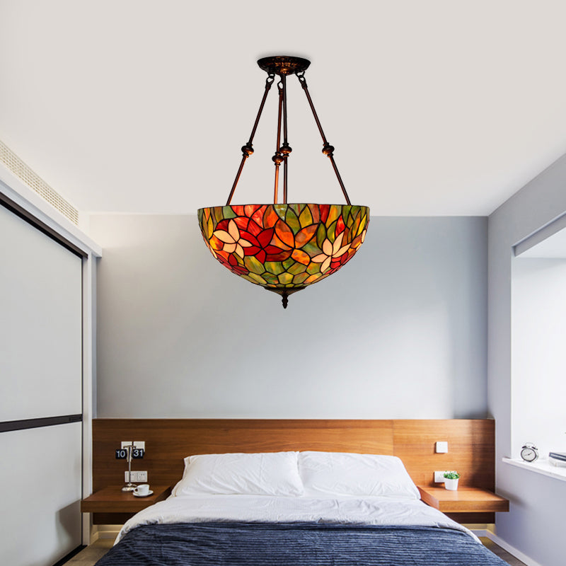 Victorian Stained Glass Ceiling Light With 3 Blossom Semi-Flush Mount Lights In Red/Orange/Green For