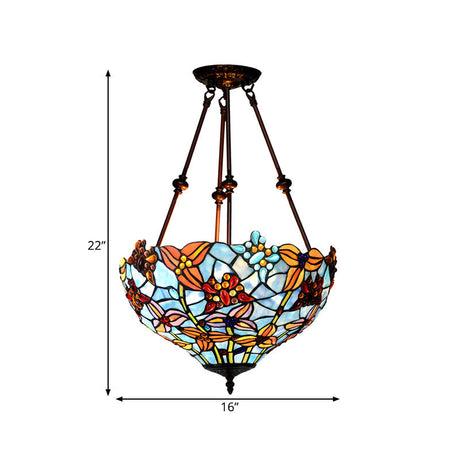 Tiffany Style Flower Cut Glass Semi Mount Ceiling Flush Light - Red/Orange/Blue 2 Lights Bronze