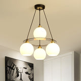 Modern 4-Head Chandelier Light: Black & Gold Spherical Ceiling Lamp With Opal Glass Shade Black-Gold