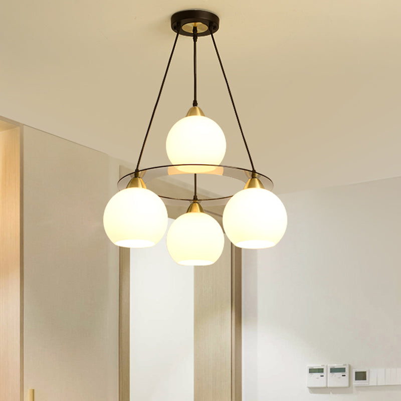 Modern 4-Head Chandelier Light: Black & Gold Spherical Ceiling Lamp With Opal Glass Shade