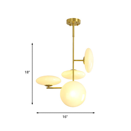 Modern Gold Ceiling Chandelier Hanging Light Fixture With Opal Glass Shades - 4 Heads For Living