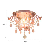 Pastoral Pink Crystal Flush Mount Ceiling Light With Exposed Bulbs - 3 Heads