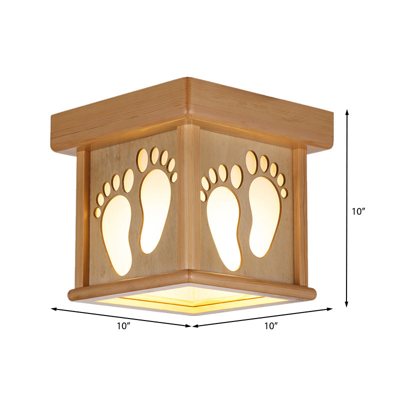 Nordic Wood Square Close To Ceiling Light - 10 W Flush Mount Fixture With Footprints For Dining Room