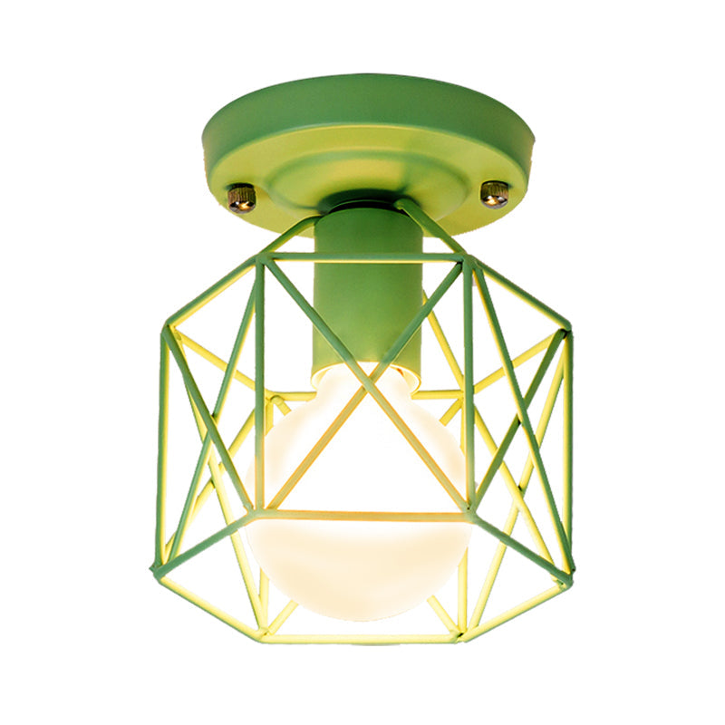 Minimalist Metal Frame Ceiling Mounted Light With White Pink And Green Accents - Ideal For Cloakroom