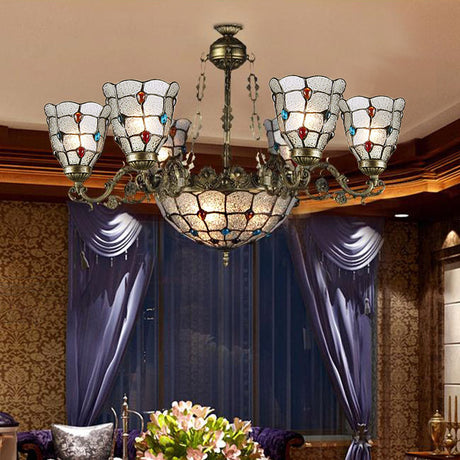 Frosted Glass Arm Pendant Chandelier - Tiffany Style 9/12 Lights Bronze Hanging Lamp For Living Room