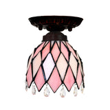 Tiffany Style Pink Glass Ceiling Flushmount Light Fixture - 1 Flower/Flared/Rhombus Design