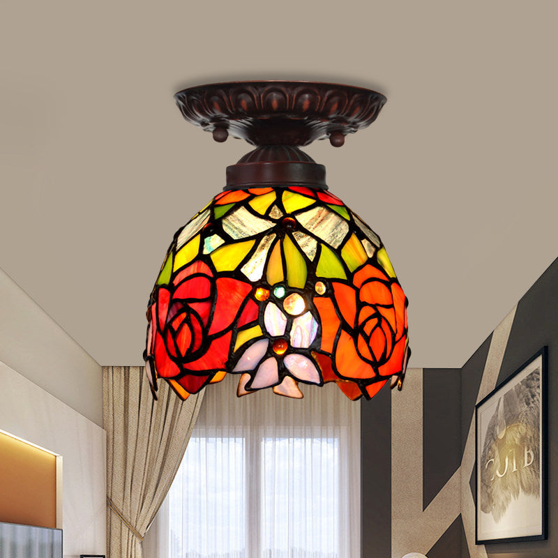 Victorian Ceiling-Mounted Stained Glass Light With Domed Design - 1 Flushmount Red/Pink/Orange Ideal