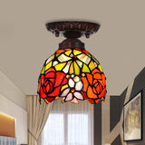 Victorian Ceiling-Mounted Stained Glass Light With Domed Design - 1 Flushmount Red/Pink/Orange Ideal