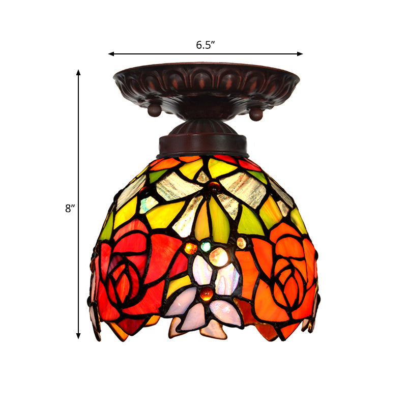 Victorian Ceiling-Mounted Stained Glass Light With Domed Design - 1 Flushmount Red/Pink/Orange Ideal