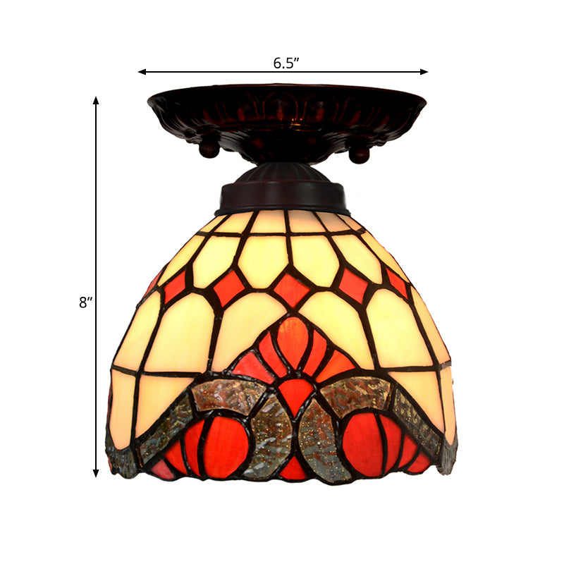 Victorian Ceiling-Mounted Stained Glass Light With Domed Design - 1 Flushmount Red/Pink/Orange Ideal