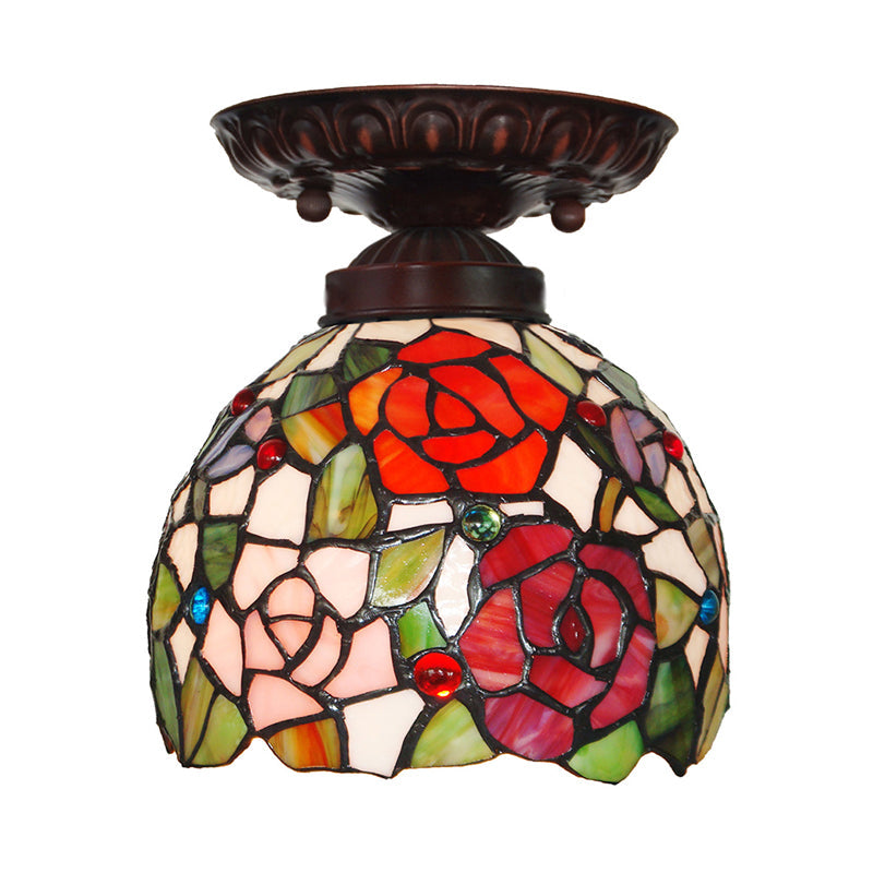 Victorian Ceiling-Mounted Stained Glass Light With Domed Design - 1 Flushmount Red/Pink/Orange Ideal