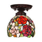 Victorian Ceiling-Mounted Stained Glass Light With Domed Design - 1 Flushmount Red/Pink/Orange Ideal