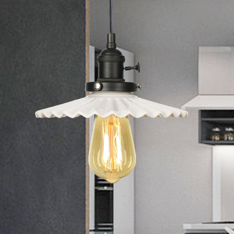 Scalloped Edge Hanging Light Fixture - Ceramic Pendant Ceiling For Industrial Dining Rooms (1 Bulb)