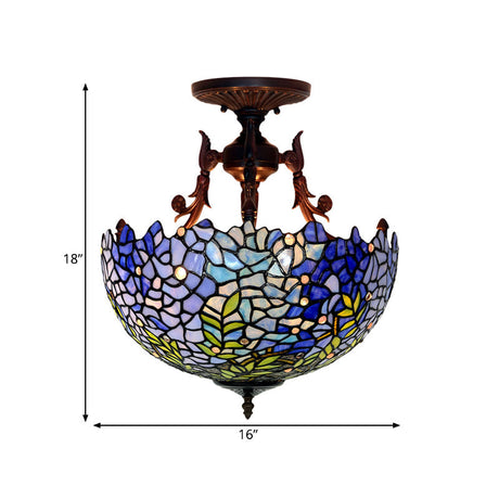 Victorian Blue Domed Semi Mount Ceiling Light Fixture With 3 Stained Glass Lights - Perfect For