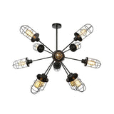Caged Iron Chandelier - Farmhouse Style Ceiling Lamp Black Finish With Sputnik Design 9/12/15 Lights