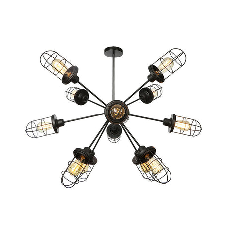 Caged Iron Chandelier - Farmhouse Style Ceiling Lamp Black Finish With Sputnik Design 9/12/15 Lights