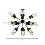Caged Iron Chandelier - Farmhouse Style Ceiling Lamp Black Finish With Sputnik Design 9/12/15 Lights