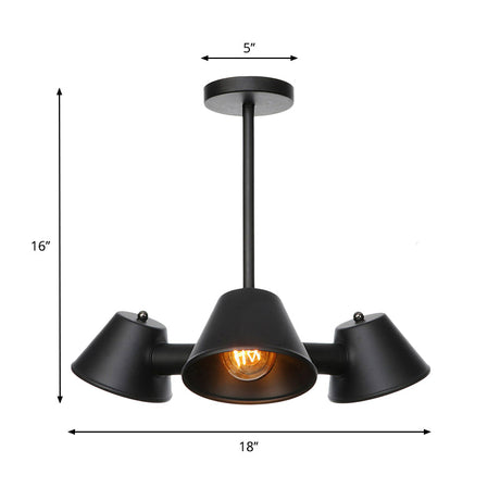 Stylish Industrial Chandelier With Conical Metal Shades And 3 Lights