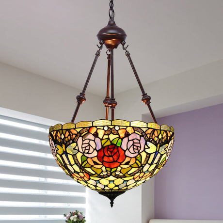 Tiffany Inspired 2-Light Flower Bush Chandelier Pendant Lamp In Red/Yellow/Purple Stained Glass
