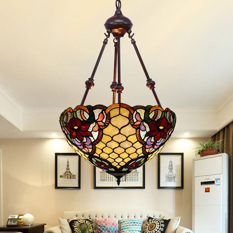 Tiffany Inspired 2-Light Flower Bush Chandelier Pendant Lamp In Red/Yellow/Purple Stained Glass