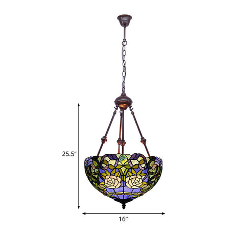 Tiffany Inspired 2-Light Flower Bush Chandelier Pendant Lamp In Red/Yellow/Purple Stained Glass