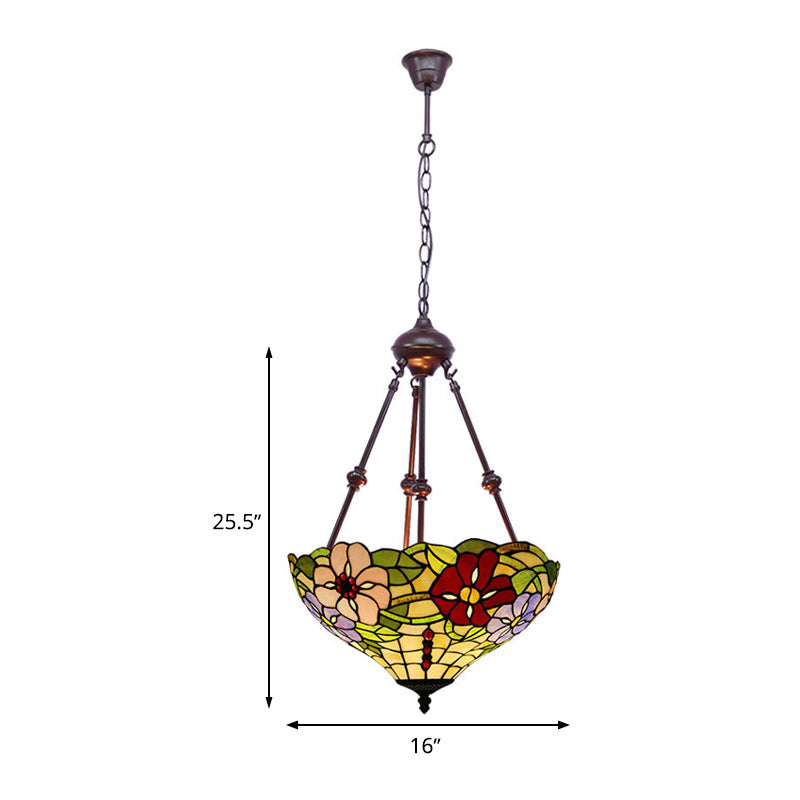 Victorian Flower Hanging Chandelier With Cut Glass In Red/Yellow/Orange - 2 Lights