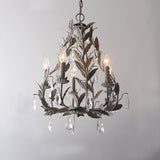 Modern Metal Leaf Chandelier Lamp With Crystal Drop - 5 Bulbs Grey/Distressed White Suspended