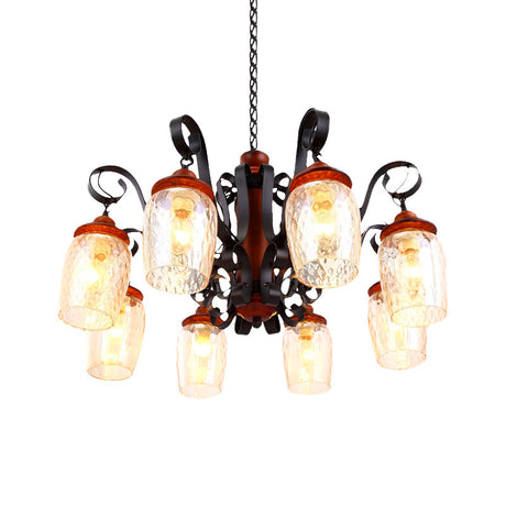 8-Light Dimple Glass Chandelier - Antiqued Black Curved Arm Ceiling Pendant For Living Room