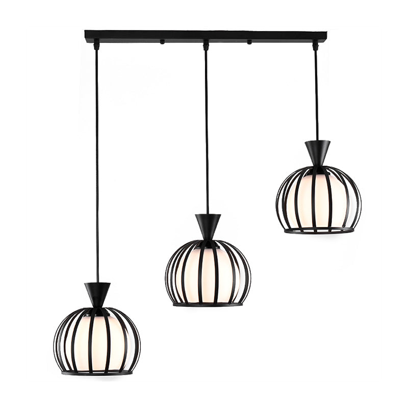 Metal Dome Cage Pendant With Milk Glass Shade - Retro Style 3-Bulb Hanging Light Indoor Black/White