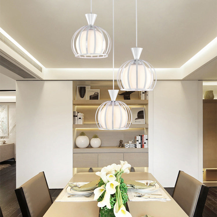 Metal Dome Cage Pendant With Milk Glass Shade - Retro Style 3-Bulb Hanging Light Indoor Black/White
