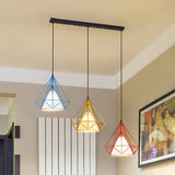 Industrial Style 3-Light Metal And Fabric Hanging Pendant With Multi-Color Cage Design For Indoor