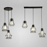 Industrial Style Black Wire Frame Ceiling Light With 3 Hanging Pendant Lights And Round/Linear