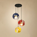 Industrial Tellurion Cage Pendant Light - 3 Lights Metal Suspension White/Blue Round/Linear Canopy