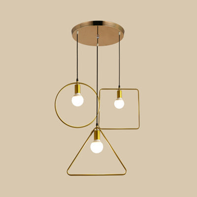 Retro Style Canopy Pendant Light With Frame Shades - Gold Metal Suspended Lamp (3 Lights) / Round