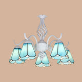 5-Light Tiffany Pendant Chandelier: Conical Stained Glass Shade In White/Blue For Living Room Blue