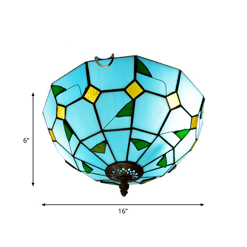 Blue Leaf Flush Ceiling Light Tiffany Stained Glass Lamp - 12/16 Wide 2/3 Lights