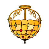 Baroque Semi Flush Mount Ceiling Light With Grid Pattern Cut Glass - 2 Lights In Yellow/Orange/Blue