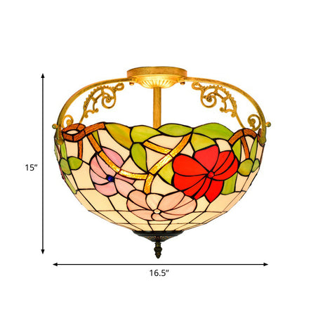 Mediterranean Semi-Flush Ceiling Light With Cut Glass Rose Design And 3 Beige/Pink/Orange Lights