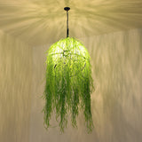 Industrial Green Metal Bell Cage Chandelier With Wicker Ornament - 3 Heads 18/21.5 Wide