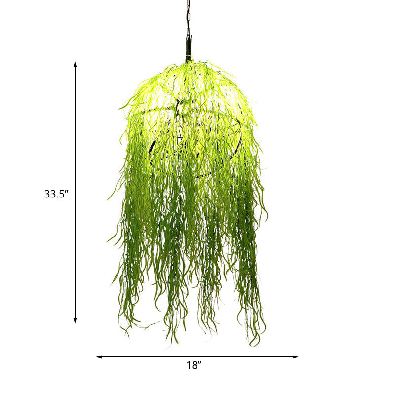Industrial Green Metal Bell Cage Chandelier With Wicker Ornament - 3 Heads 18/21.5 Wide