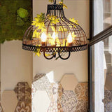 Industrial 3-Head Metal Dome Pendant Light For Restaurants - Black Chandelier With Flower Decoration
