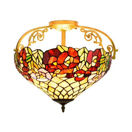 Blossom Stained Glass Semi Flush Ceiling Light Fixture - Tiffany Style 3 Lights Yellow