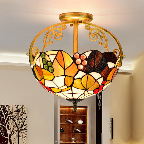 Tiffany Cut Glass Semi-Flush Ceiling Light With Brass Finish For Bedrooms - 2/3 Lights