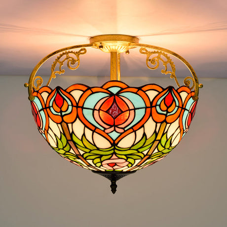 Red Cut Glass Petal Semi Flush Ceiling Lamp For Bedroom 2/3 Lights