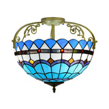 Tiffany Semi-Flush Kitchen Ceiling Light - 3-Light Fixture With Stained Glass Bowl Shade